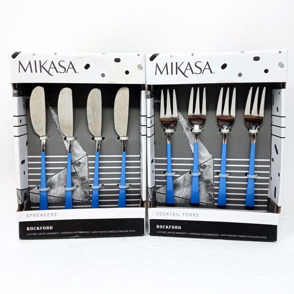 Mikasa ROCKFORD Blue Handle Cocktail Forks and Butter Spreaders Knife Set Lot - Picture 1 of 7